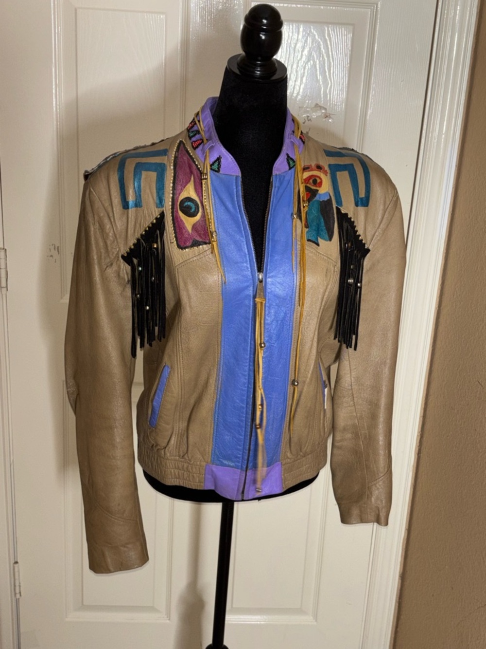 Couture Hand Painted Fringe Jacket Made By Black Feather Designs 80S/90S Era Med